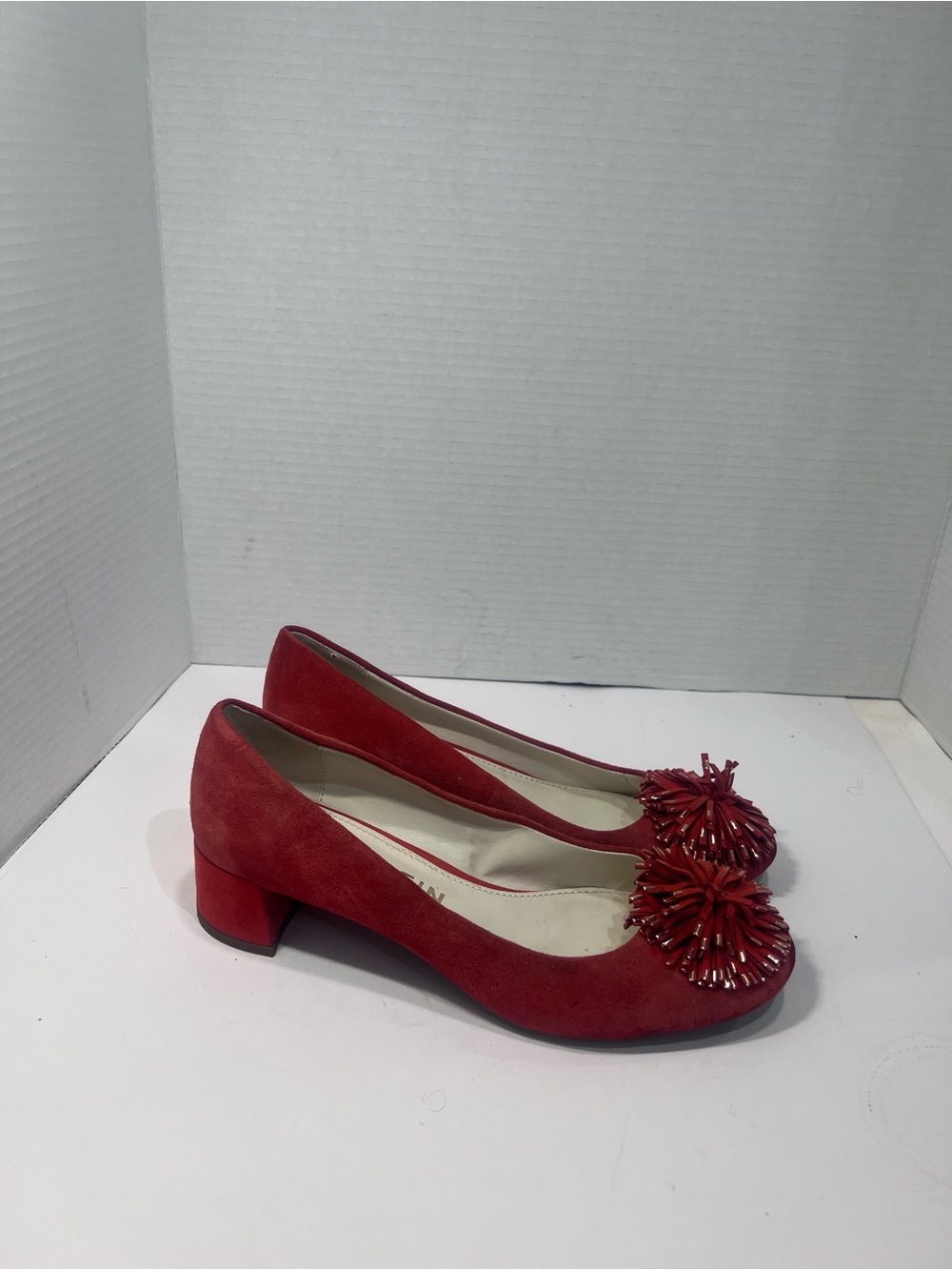 Anne Klein Red Suede Pom-Pom Block Heel Pumps